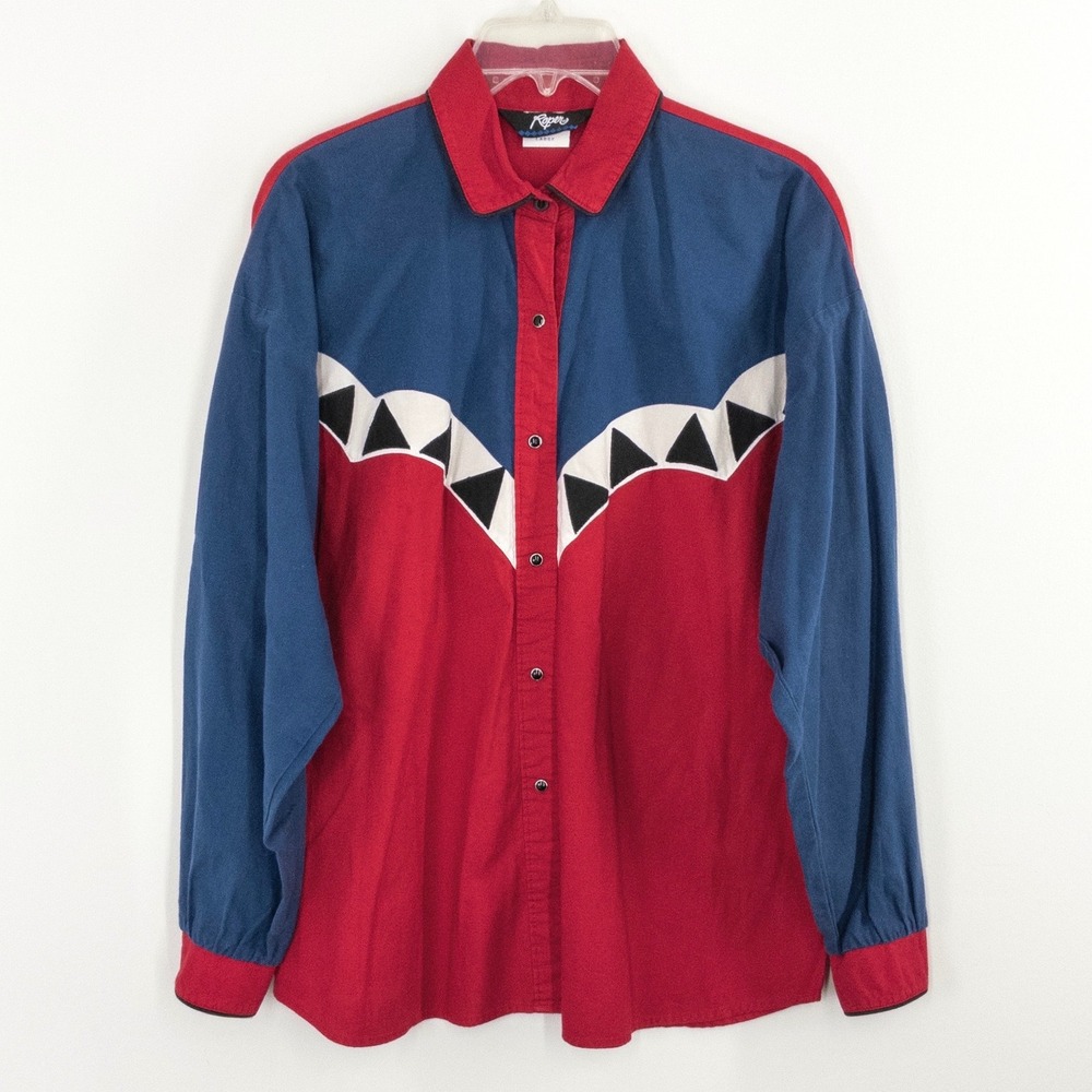 Vintage Roper Men Large Western Snap Shirt Red Blue Colorblock USA Cowboy Rodeo